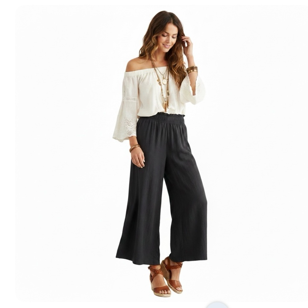 H&M Wide Leg Pull On Pants Sz S Black High Waisted Romantic Boho Hippie Y2K Chic